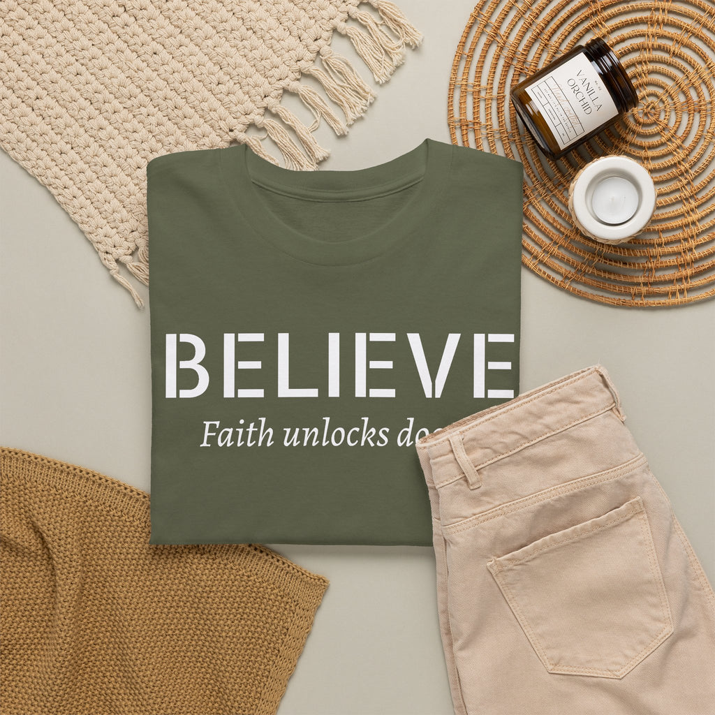 Believe Faith T‑Shirt — "Believe: Faith Unlocks Doors" Inspirational Tee