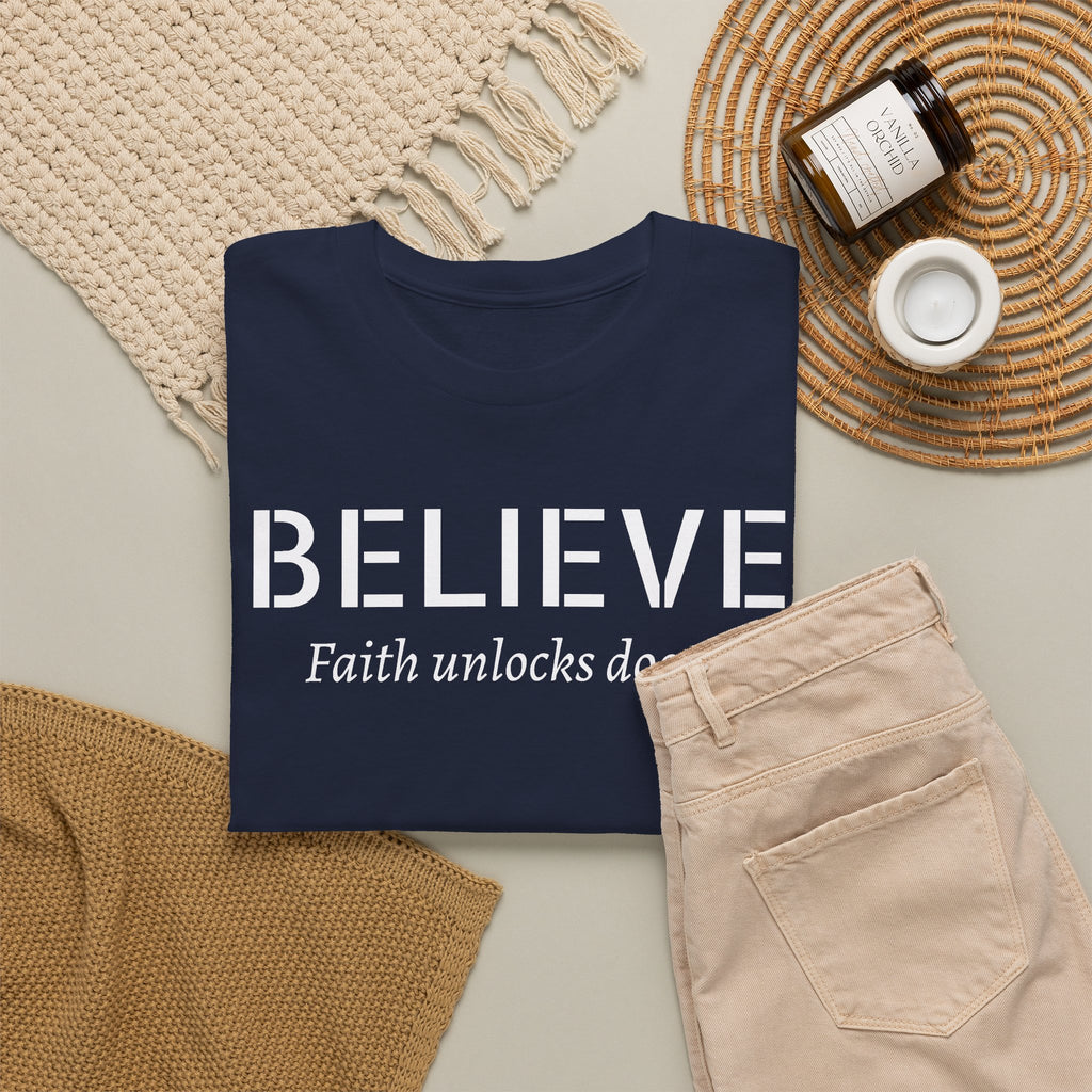 Believe Faith T‑Shirt — "Believe: Faith Unlocks Doors" Inspirational Tee