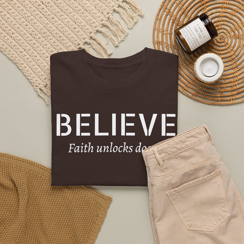 Believe Faith T‑Shirt — "Believe: Faith Unlocks Doors" Inspirational Tee
