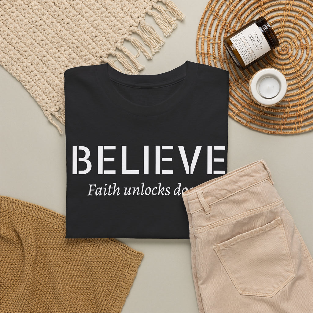 Believe Faith T‑Shirt — "Believe: Faith Unlocks Doors" Inspirational Tee
