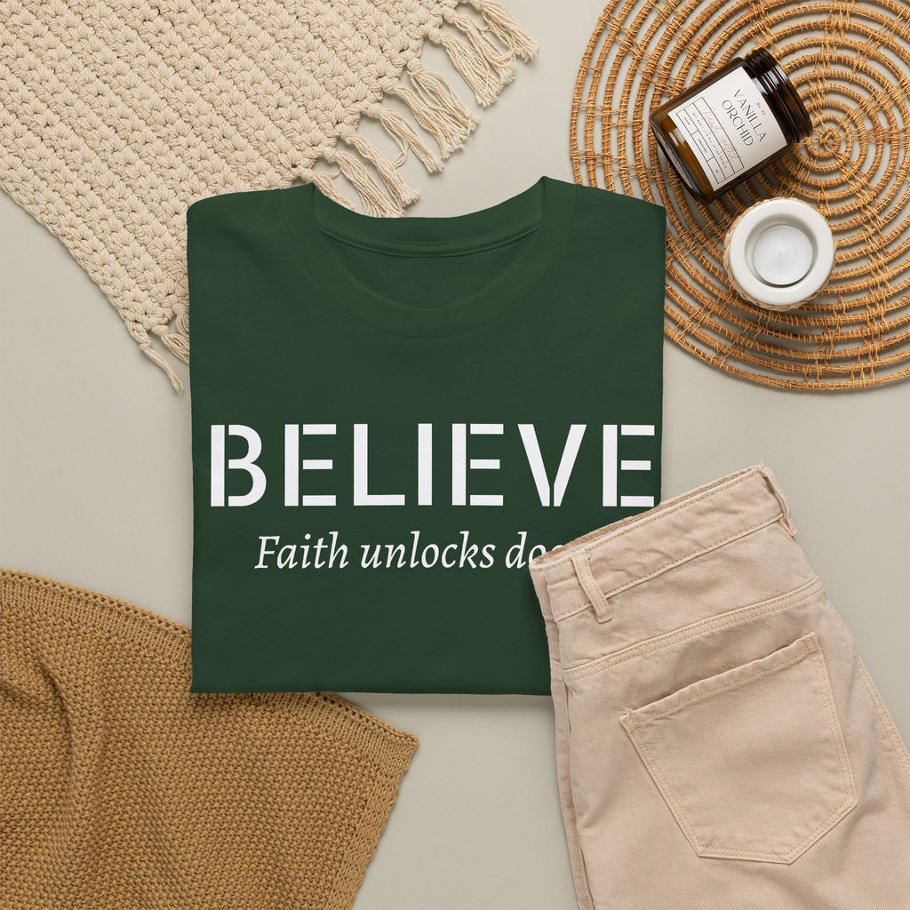 Believe Faith T‑Shirt — "Believe: Faith Unlocks Doors" Inspirational Tee